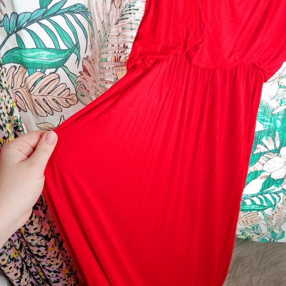 NICE COLLECTION red blouson maxi dress jersey stretch comfy summer resort vacati - Picture 4 of 8